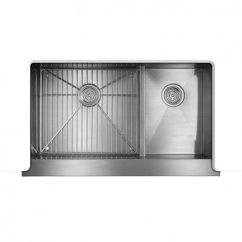 Vault™35-1/2" x 21-1/4" x 9-5/16" under-mount offset Smart Divide® double-bowl kitchen sink, stainless steel with shortened apron-front for 36" cabinet