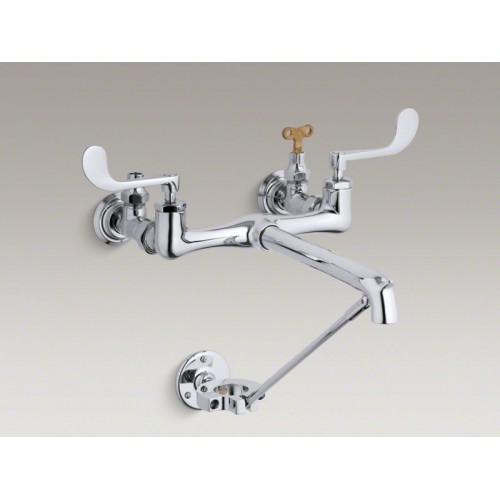 Double wristblade lever handle service sink faucet with loose-key stops and излив с bottom wall brace